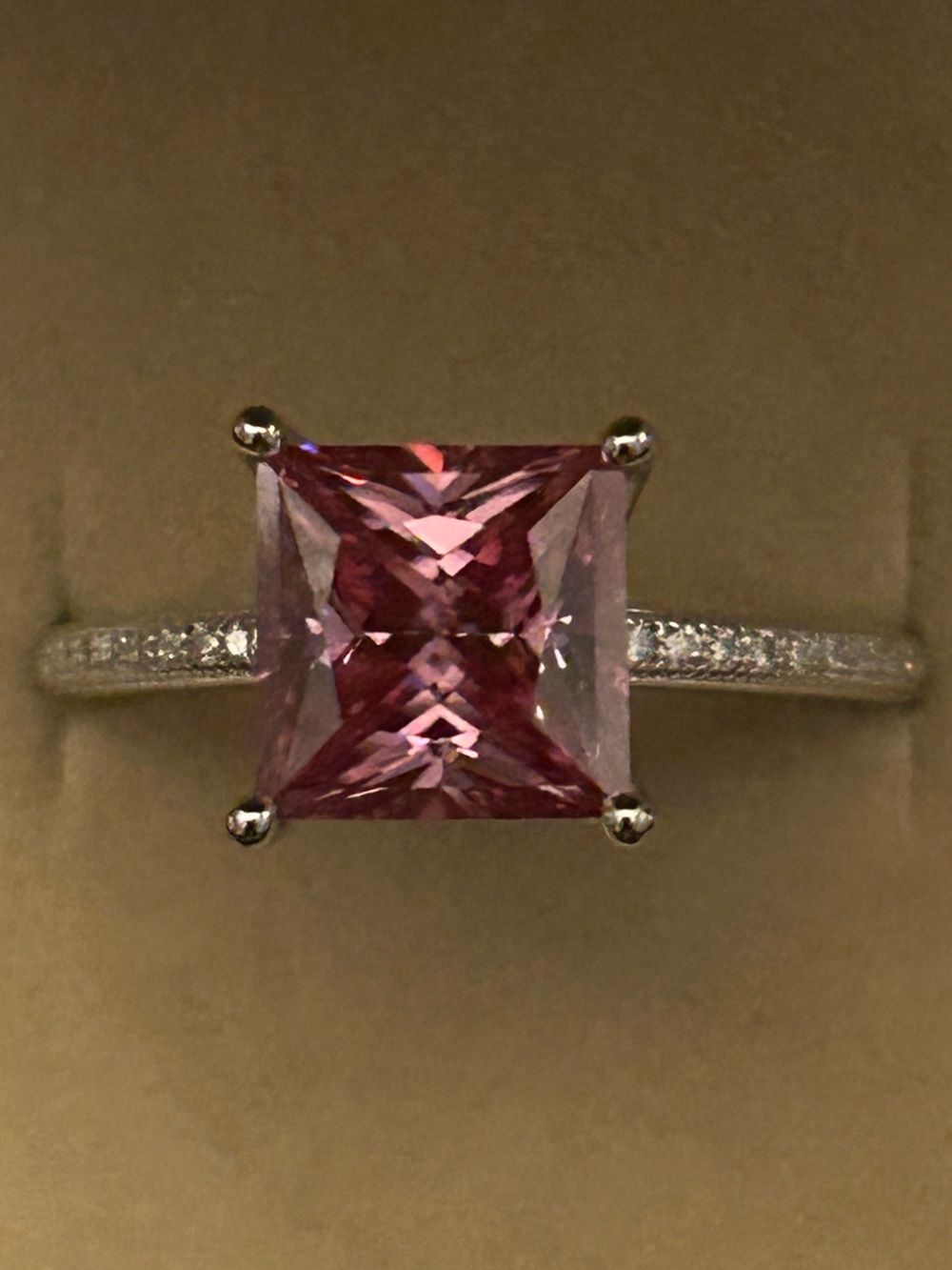 4.36CTW VVSD Princess-Cut Pink Moissanite Solitaire Ring 💍 w/Pavé Shoulders SS